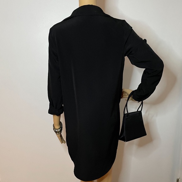 Black sheen lightweight button down long sleeve dress w/ bow tie in the front! - Picture 10 of 14